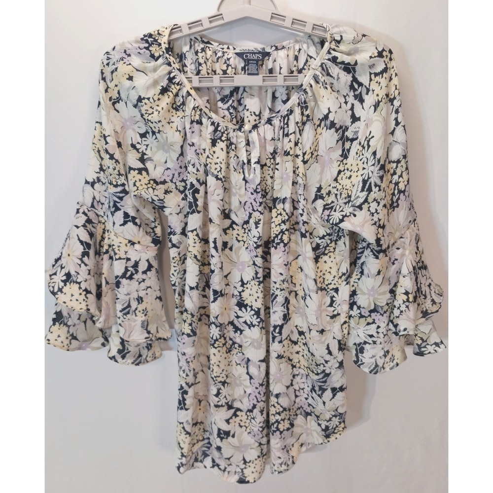 Chaps Ruffle Bell Sleeve‎ Women's Blouse Top, Small, Floral, Cottagecore